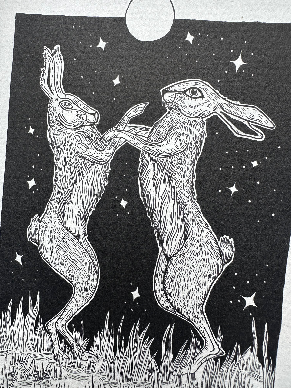 Pen and ink illustration of two hares dancing under the full moon 